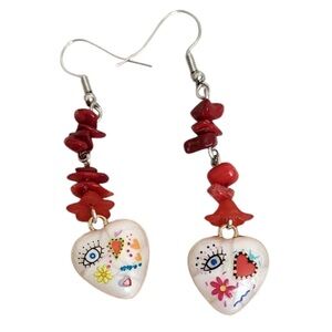 Artistic Heart Earrings with Red and White Design